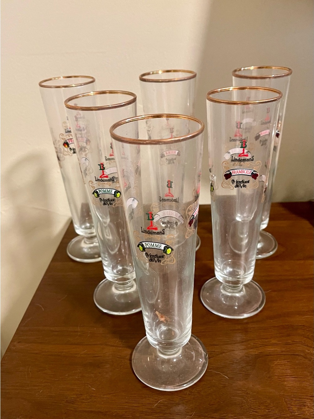 Vintage Lindemans Gold-Rimmed Beer Glasses Peche/Pomme/Framboise/Kriek-Set of 6